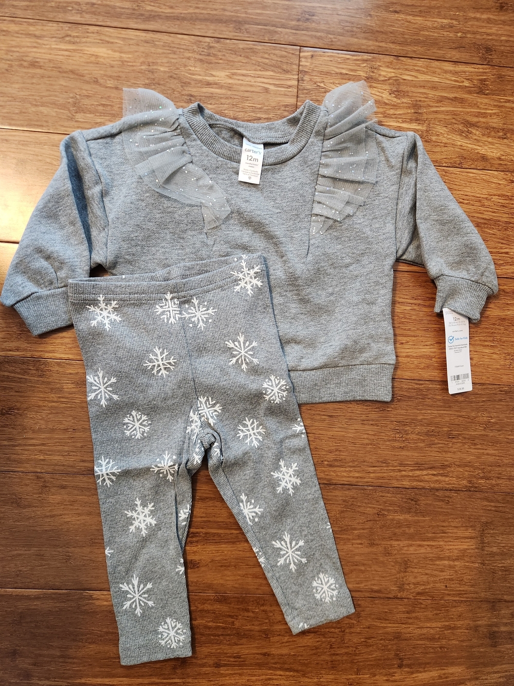 New Carter's Gray Baby Girl's Sweatshirt Shirt Snowflake Leggings, 12 Months